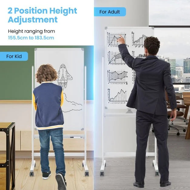 Reversible Rolling White Board with Black Markers and Board Eraser