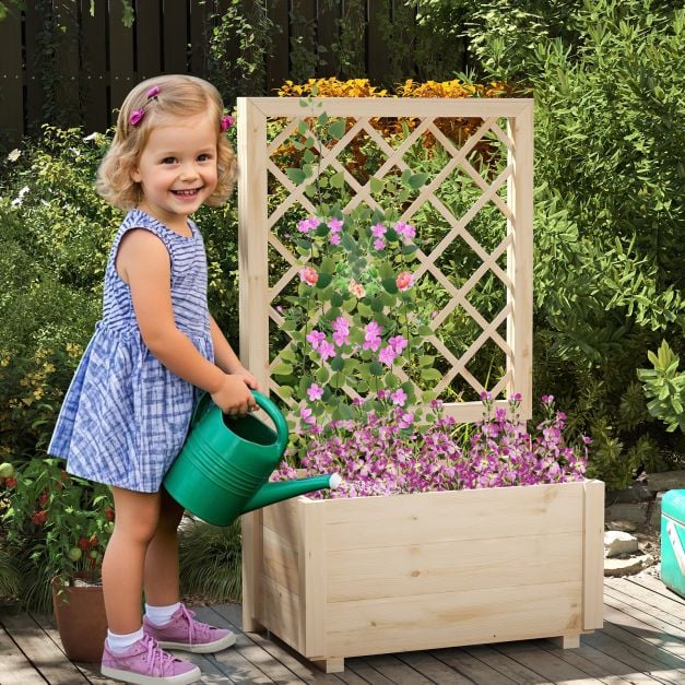 Raised Garden Bed with Lattice Trellis Wooden Elevated Planter Box