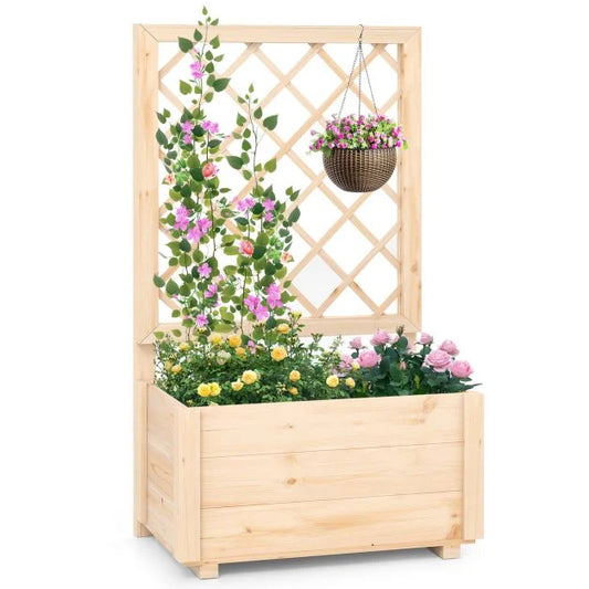 Raised Garden Bed with Lattice Trellis Wooden Elevated Planter Box