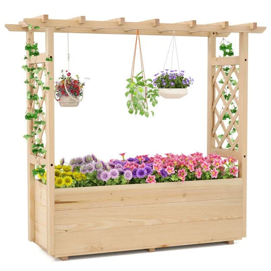 Raised Garden Bed with Lattice Trellises Hanging Roof Drainage