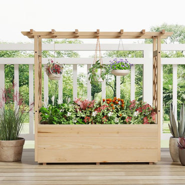Raised Garden Bed with Lattice Trellises Hanging Roof Drainage