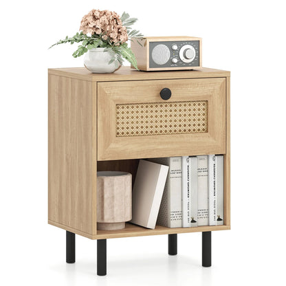 Rattan Nightstand with Drawer and Open Storage Shelf for Living Room