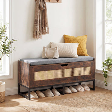 Rattan Storage Chest Wicker Shoe Bench with Padded Seat