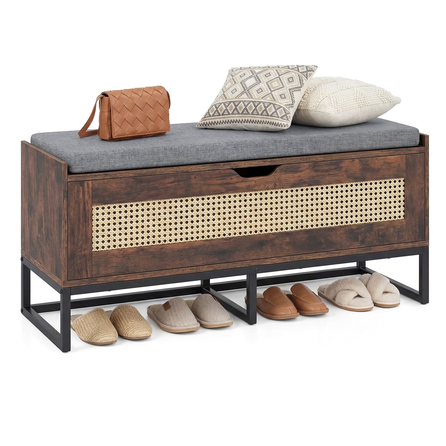 Rattan Storage Chest Wicker Shoe Bench with Padded Seat