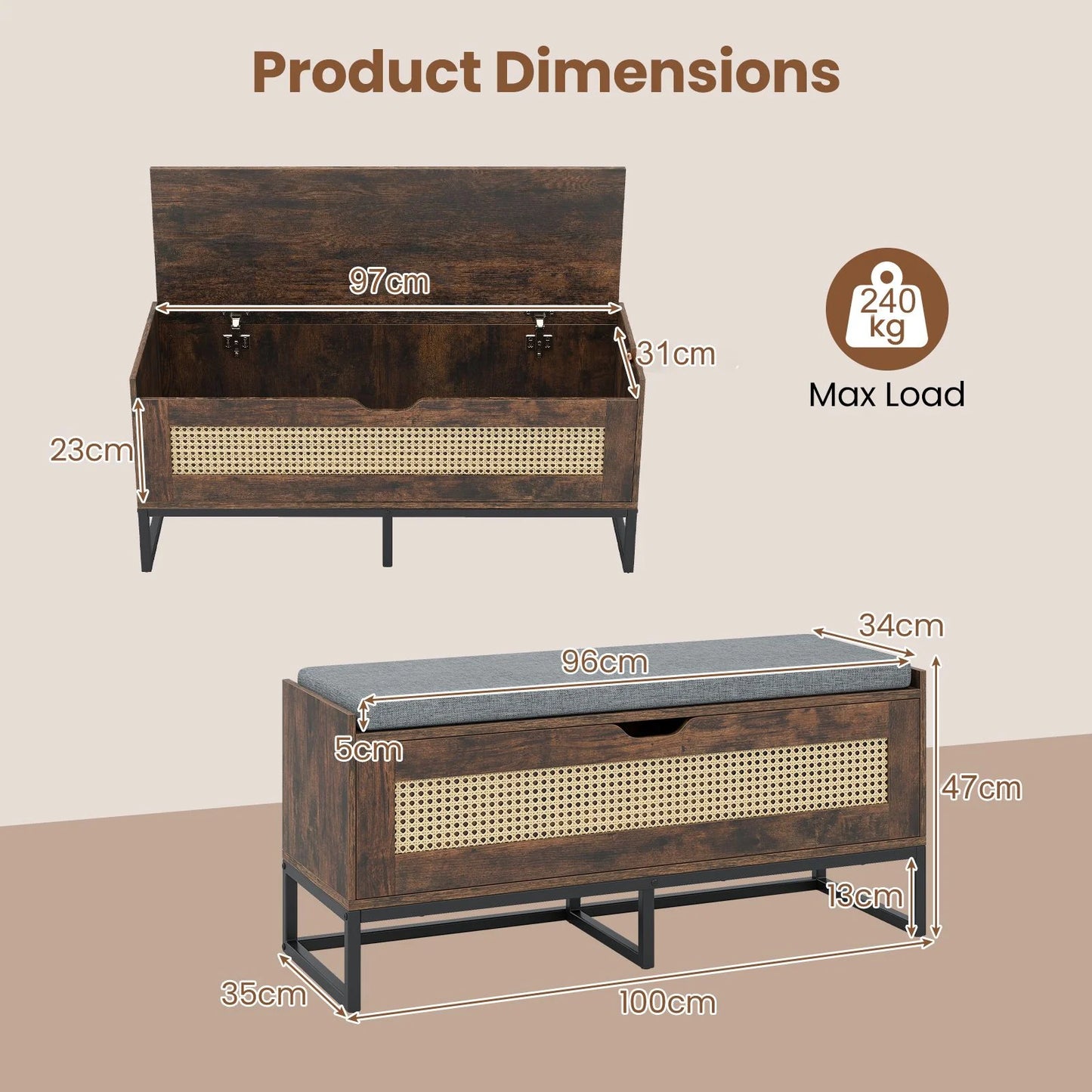 Rattan Storage Chest Wicker Shoe Bench with Padded Seat