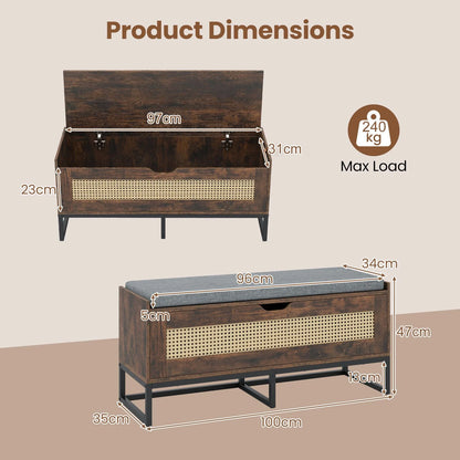 Rattan Storage Chest Wicker Shoe Bench with Padded Seat