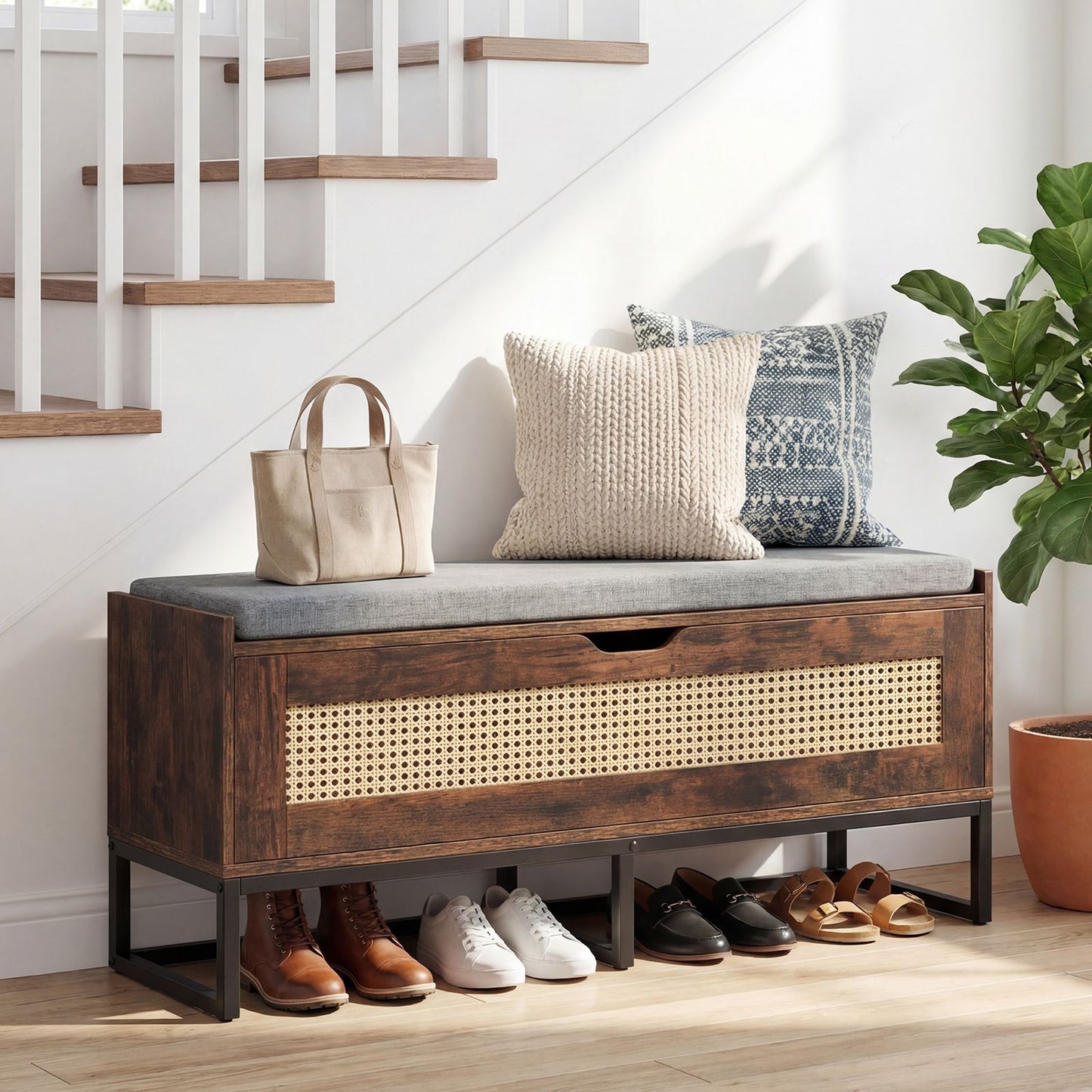 Rattan Storage Chest Wicker Shoe Bench with Padded Seat