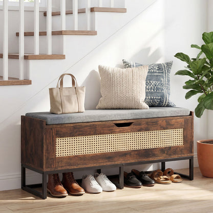 Rattan Storage Chest Wicker Shoe Bench with Padded Seat