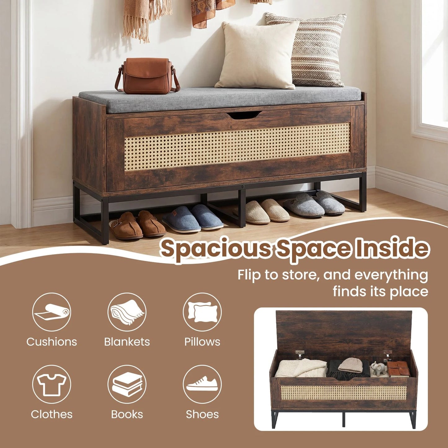 Rattan Storage Chest Wicker Shoe Bench with Padded Seat