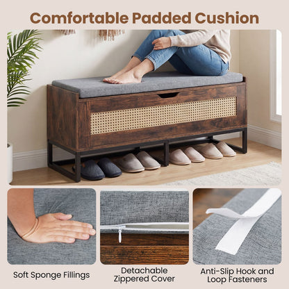 Rattan Storage Chest Wicker Shoe Bench with Padded Seat