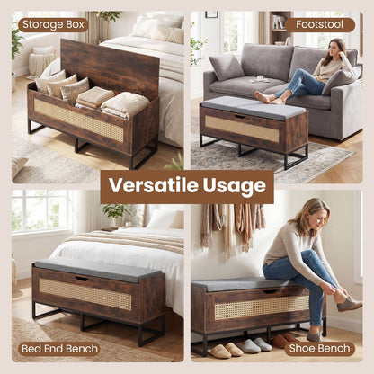 Rattan Storage Chest Wicker Shoe Bench with Padded Seat