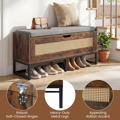Rattan Storage Chest Wicker Shoe Bench with Padded Seat