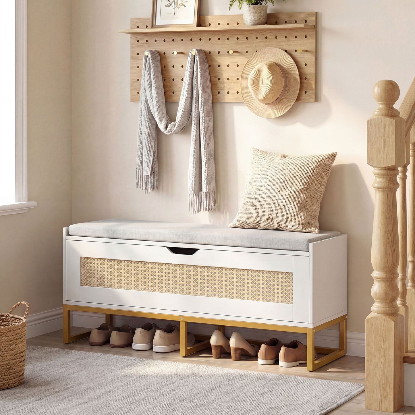 Rattan Storage Chest Wicker Shoe Bench with Padded Seat