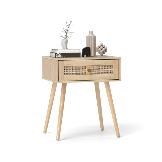 Rattan Nightstand Bedside Table with Drawer and Solid Wood Legs