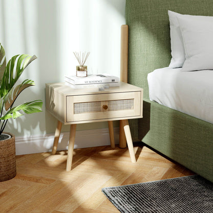 Rattan Nightstand Bedside Table with Drawer and Solid Wood Legs