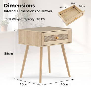 Rattan Nightstand Bedside Table with Drawer and Solid Wood Legs
