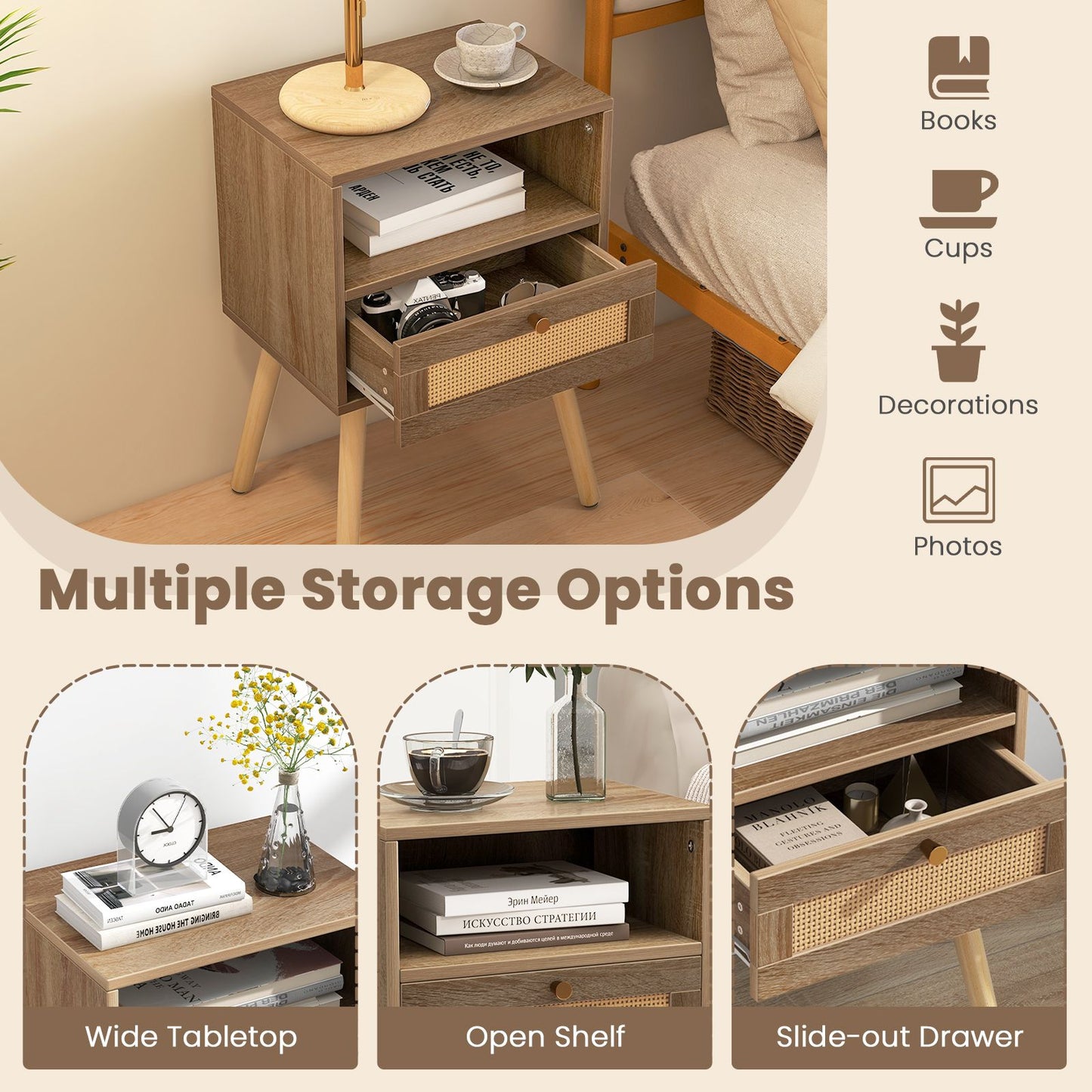 Rattan Nightstand Set of 2 with Rattan Drawer and Open Shelf