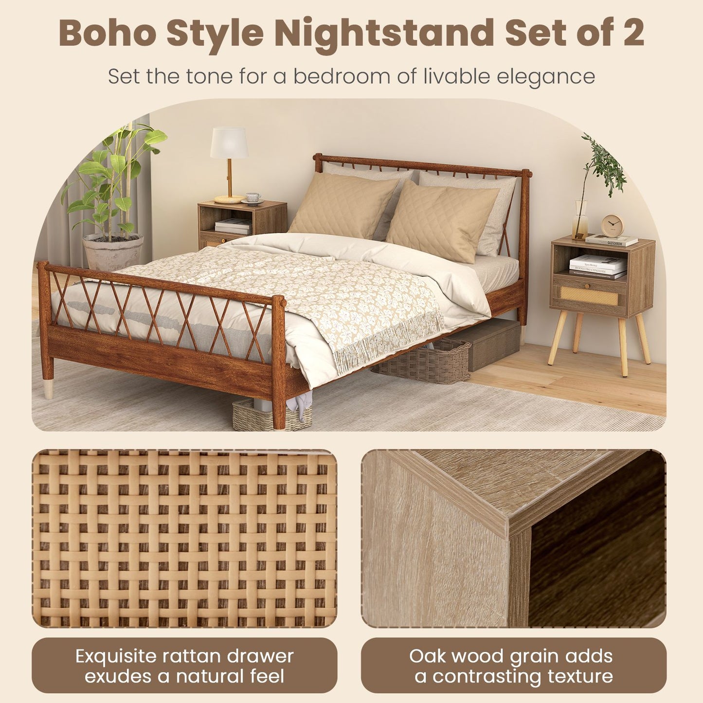 Rattan Nightstand Set of 2 with Rattan Drawer and Open Shelf