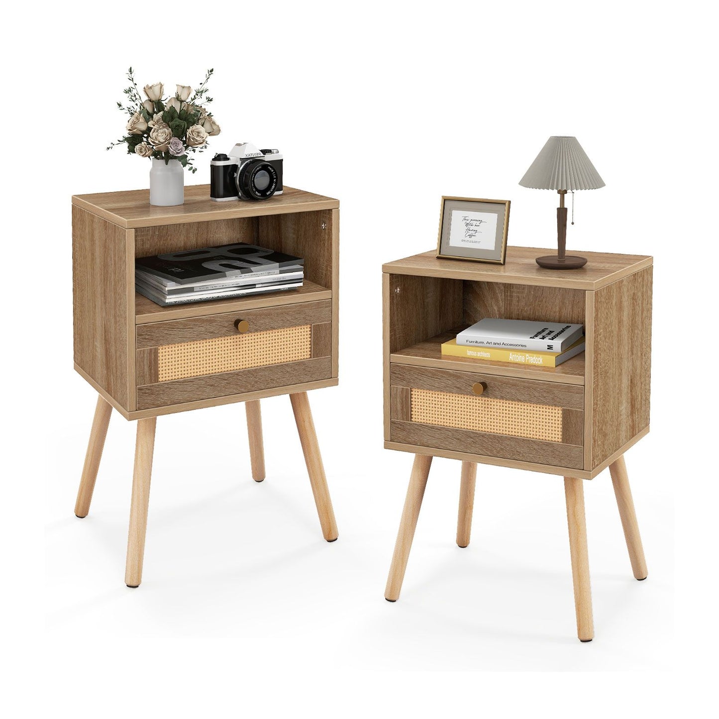 Rattan Nightstand Set of 2 with Rattan Drawer and Open Shelf