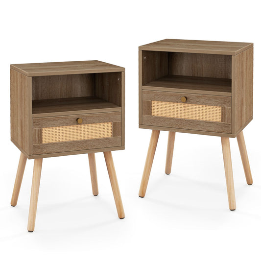 Rattan Nightstand Set of 2 with Rattan Drawer and Open Shelf