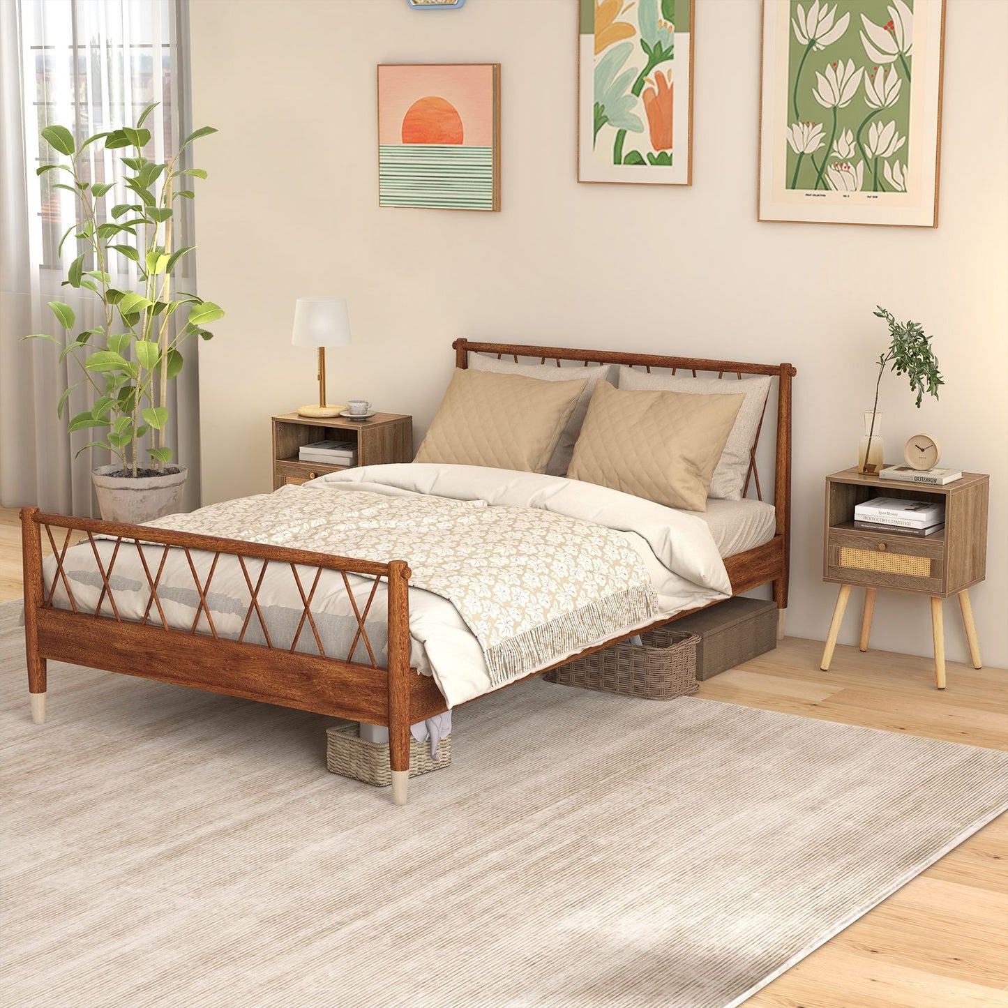 Rattan Nightstand Set of 2 with Rattan Drawer and Open Shelf