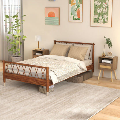 Rattan Nightstand Set of 2 with Rattan Drawer and Open Shelf