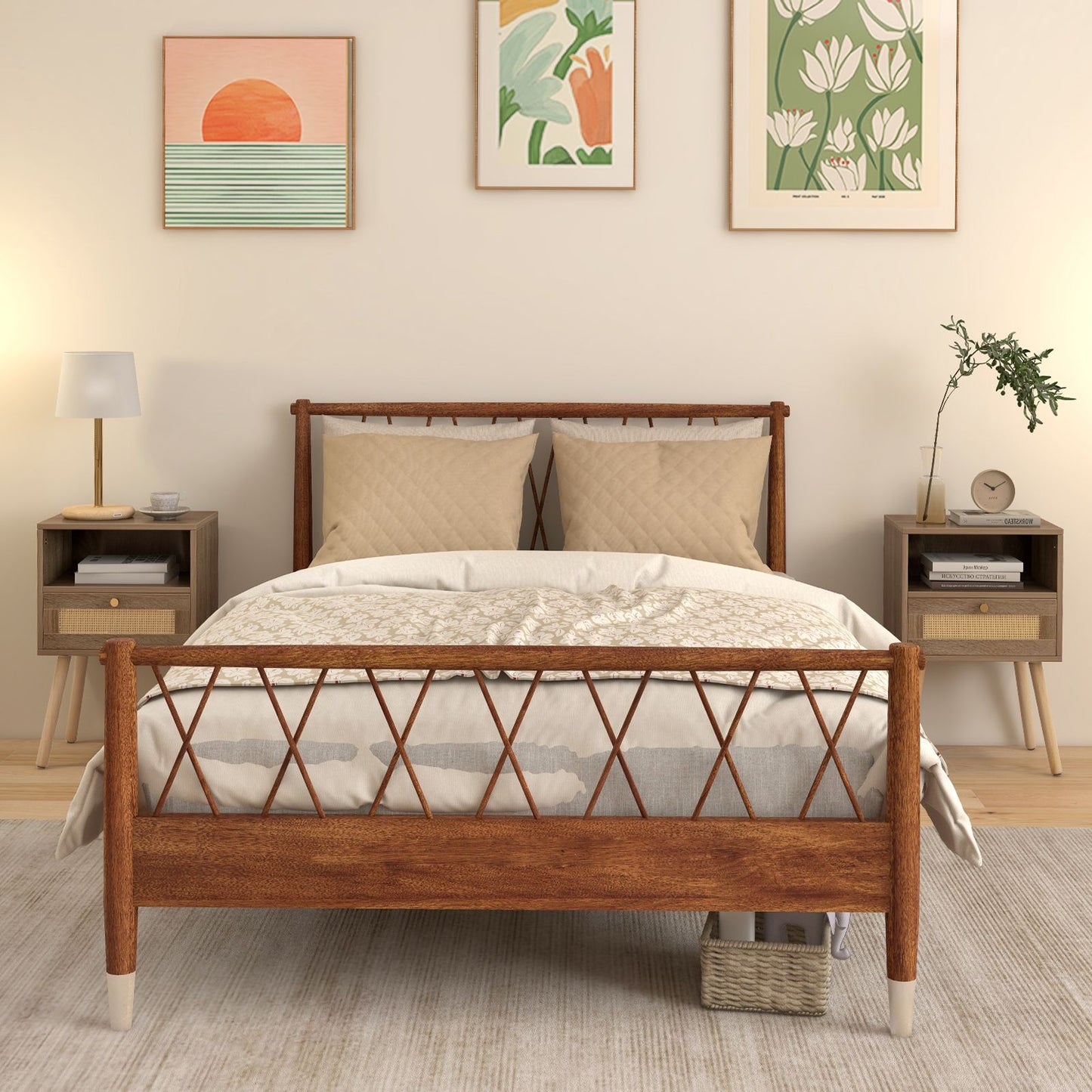 Rattan Nightstand Set of 2 with Rattan Drawer and Open Shelf
