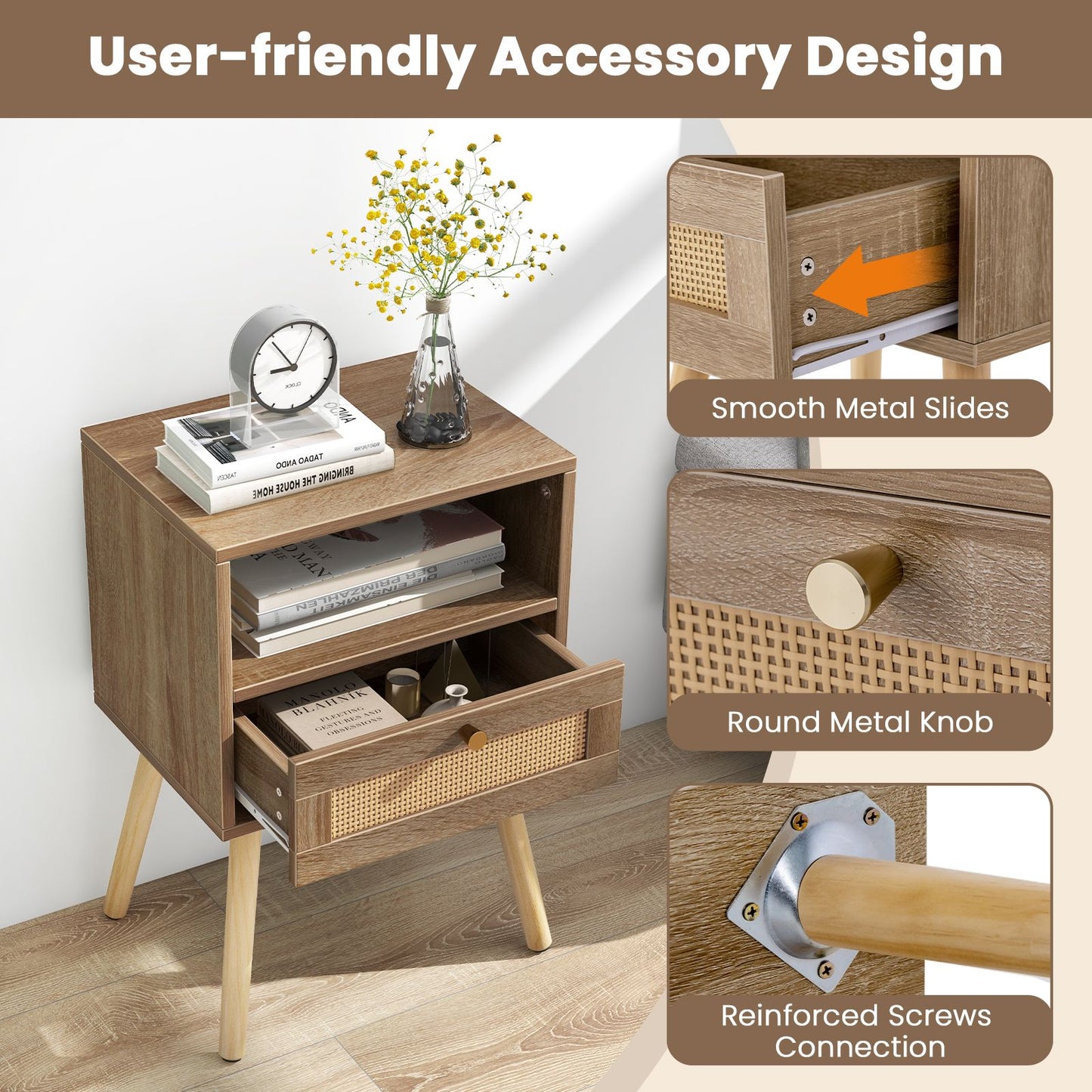 Rattan Nightstand Set of 2 with Rattan Drawer and Open Shelf