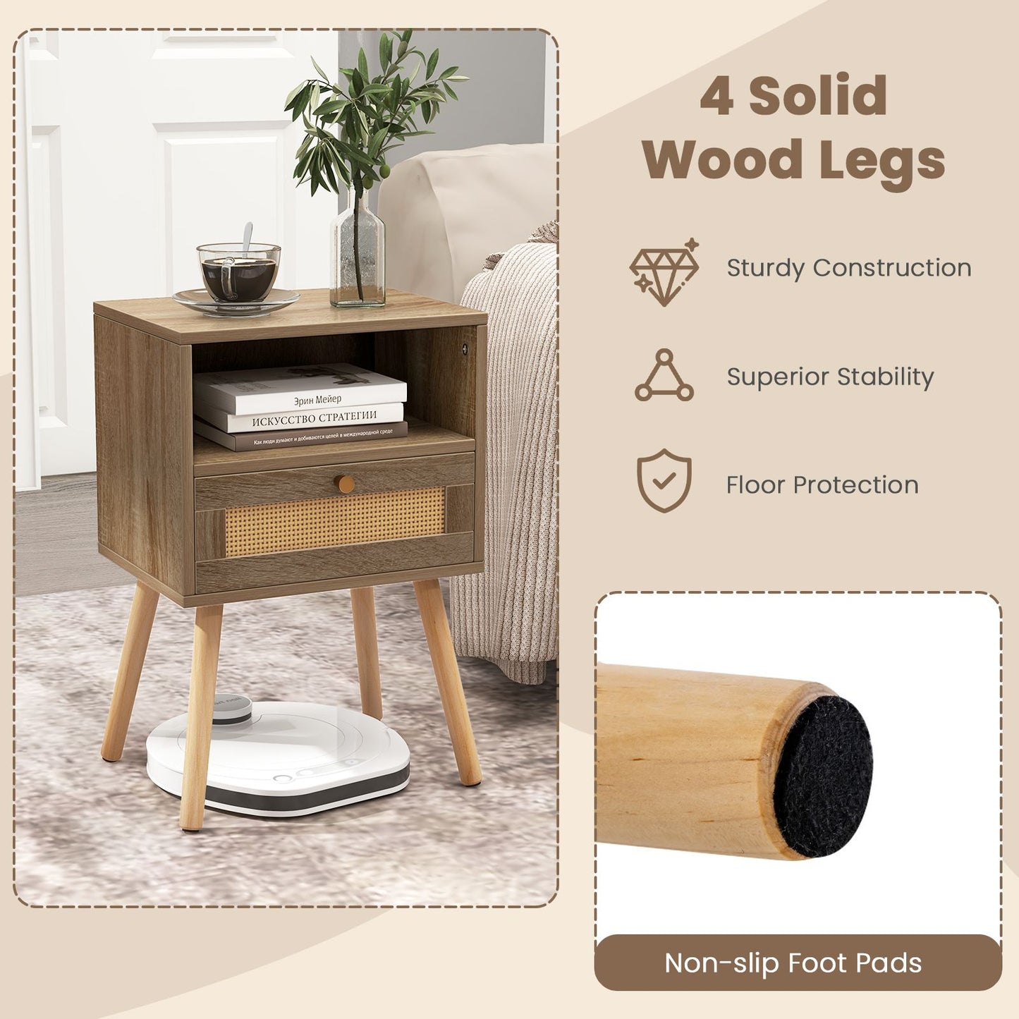 Rattan Nightstand Set of 2 with Rattan Drawer and Open Shelf