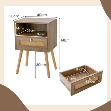 Rattan Nightstand Set of 2 with Rattan Drawer and Open Shelf