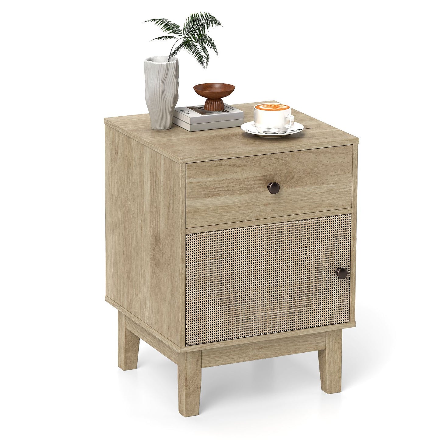 Modern Rattan Nightstand with Storage Drawer and Cabinet