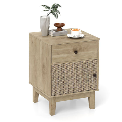 Modern Rattan Nightstand with Storage Drawer and Cabinet