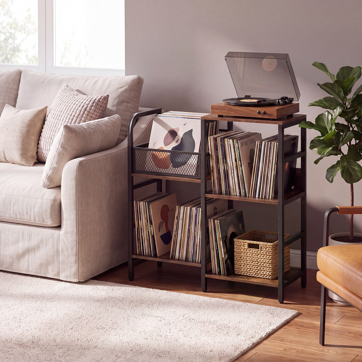 Record Player Stand Holds Up to 180-200 Albums with Vinyl Record Storage