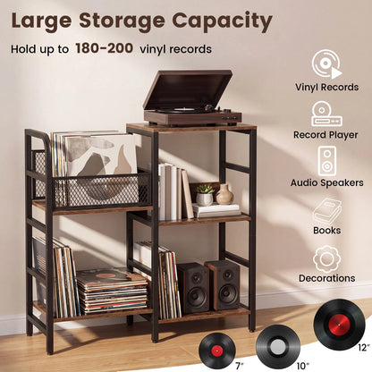 Record Player Stand Holds Up to 180-200 Albums with Vinyl Record Storage