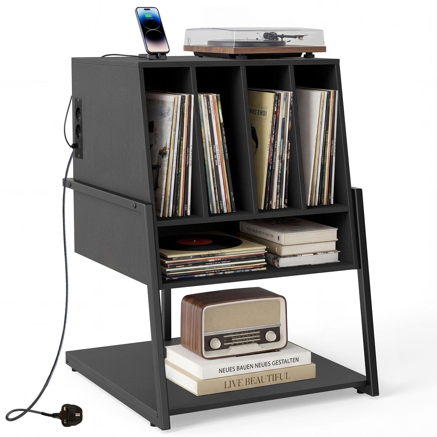 Record Player Stand with Charging Station Turntable Stand with Vinyl Storage Holder
