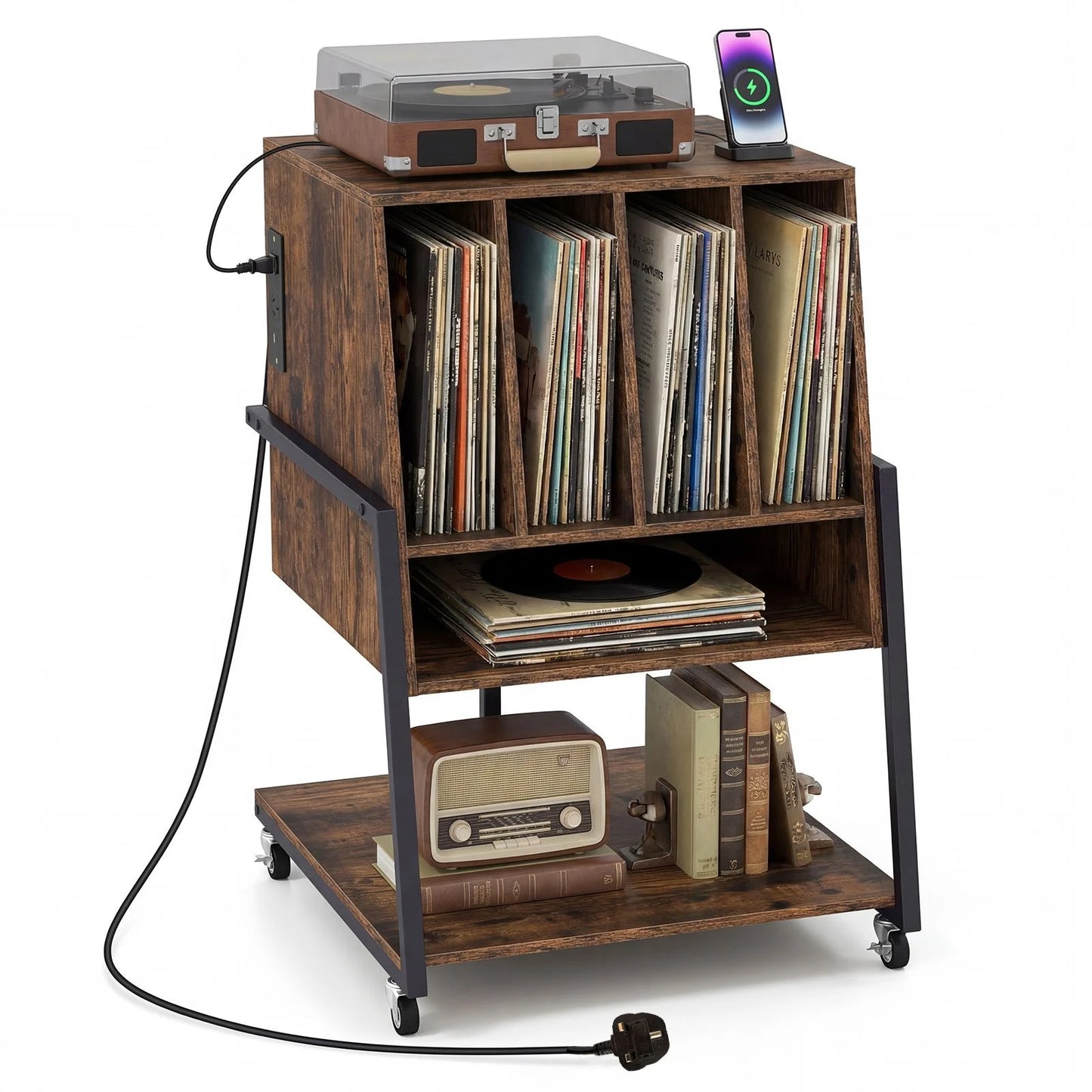 Record Player Stand with Charging Station Turntable Stand with Vinyl Storage Holder