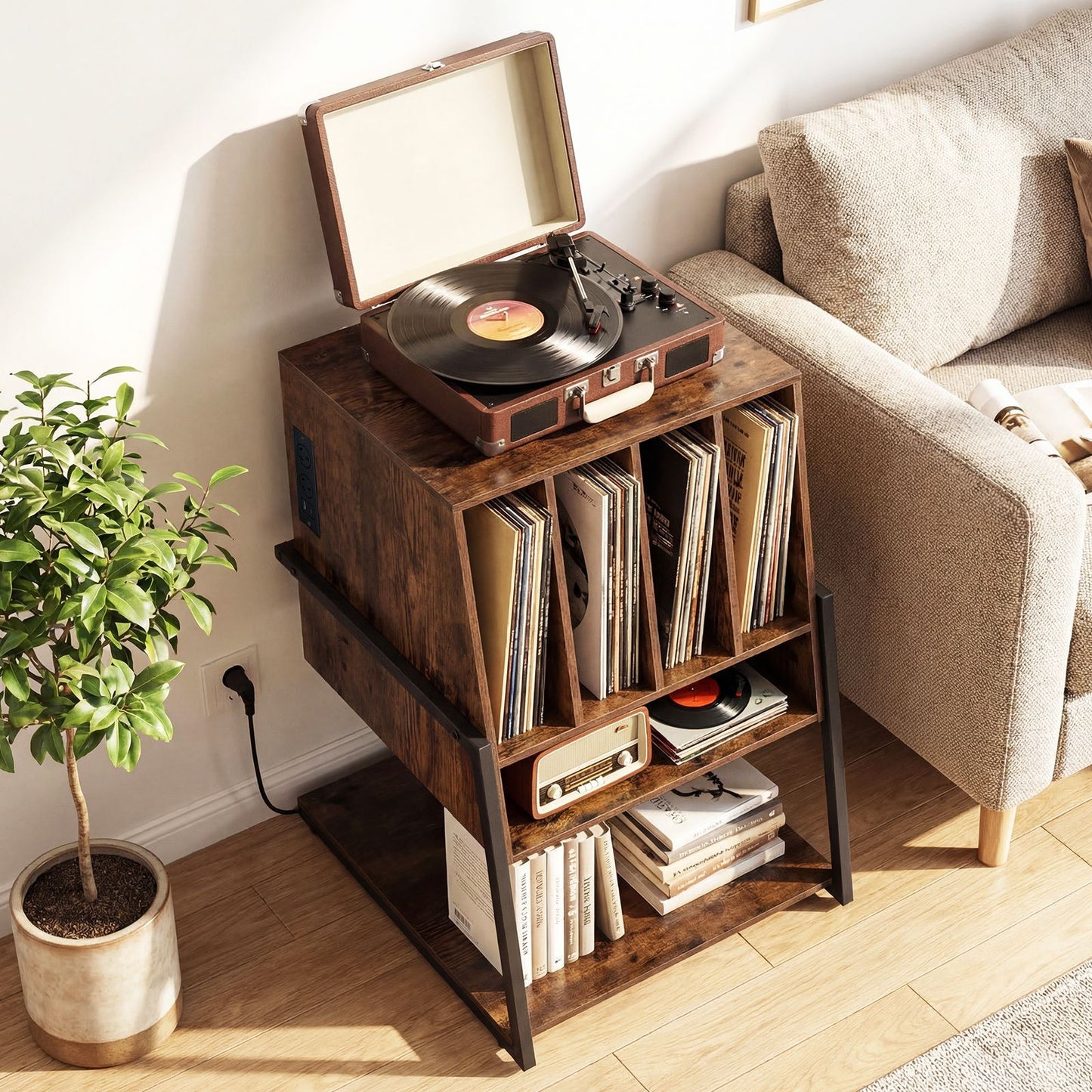 Record Player Stand with Charging Station Turntable Stand with Vinyl Storage Holder