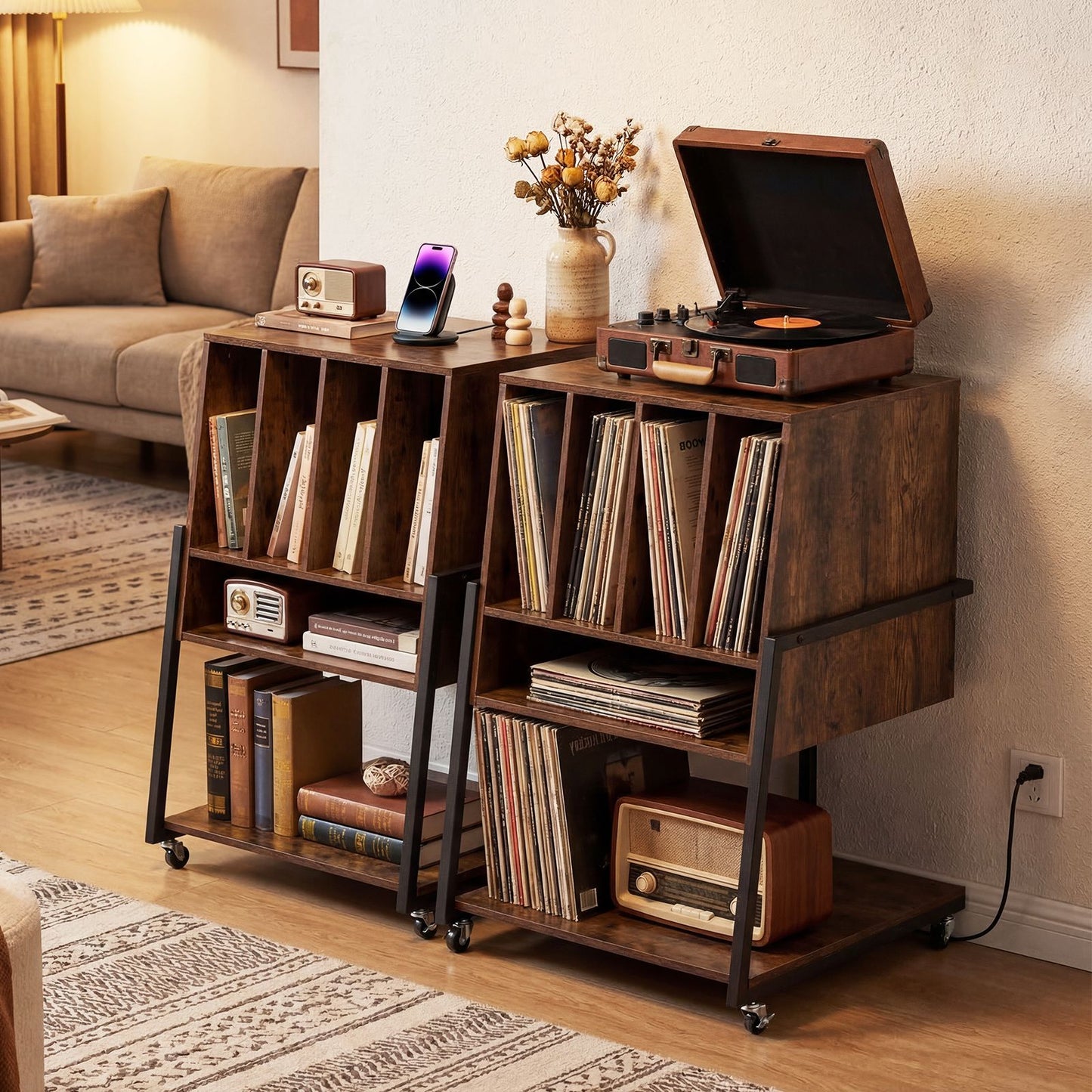Record Player Stand with Charging Station Turntable Stand with Vinyl Storage Holder