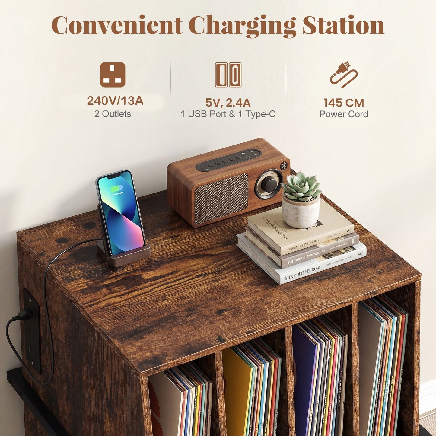 Record Player Stand with Charging Station Turntable Stand with Vinyl Storage Holder