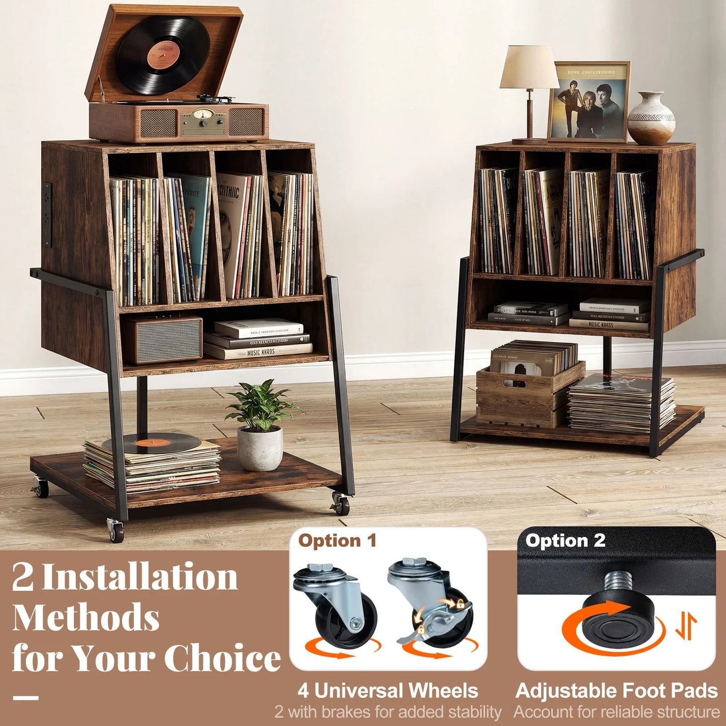 Record Player Stand with Charging Station Turntable Stand with Vinyl Storage Holder