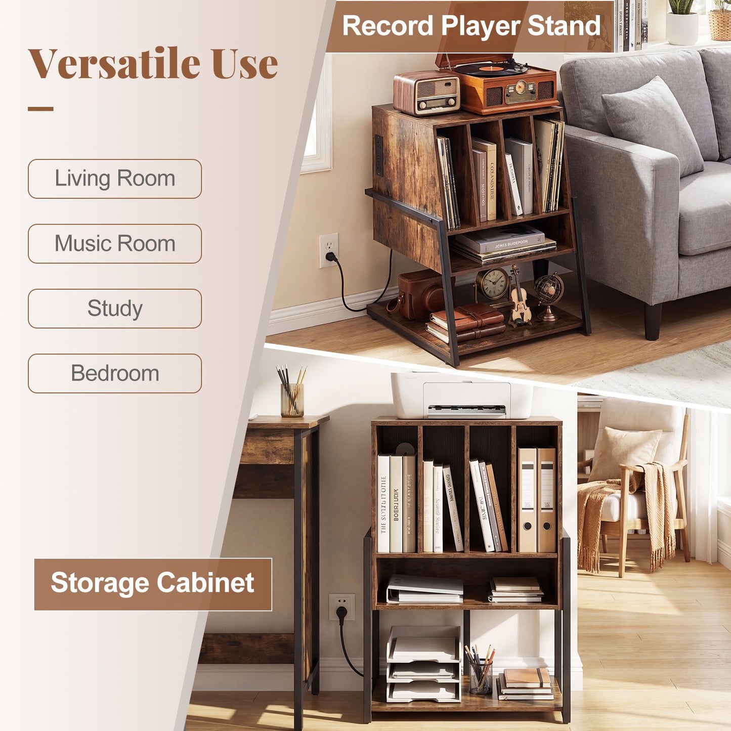 Record Player Stand with Charging Station Turntable Stand with Vinyl Storage Holder