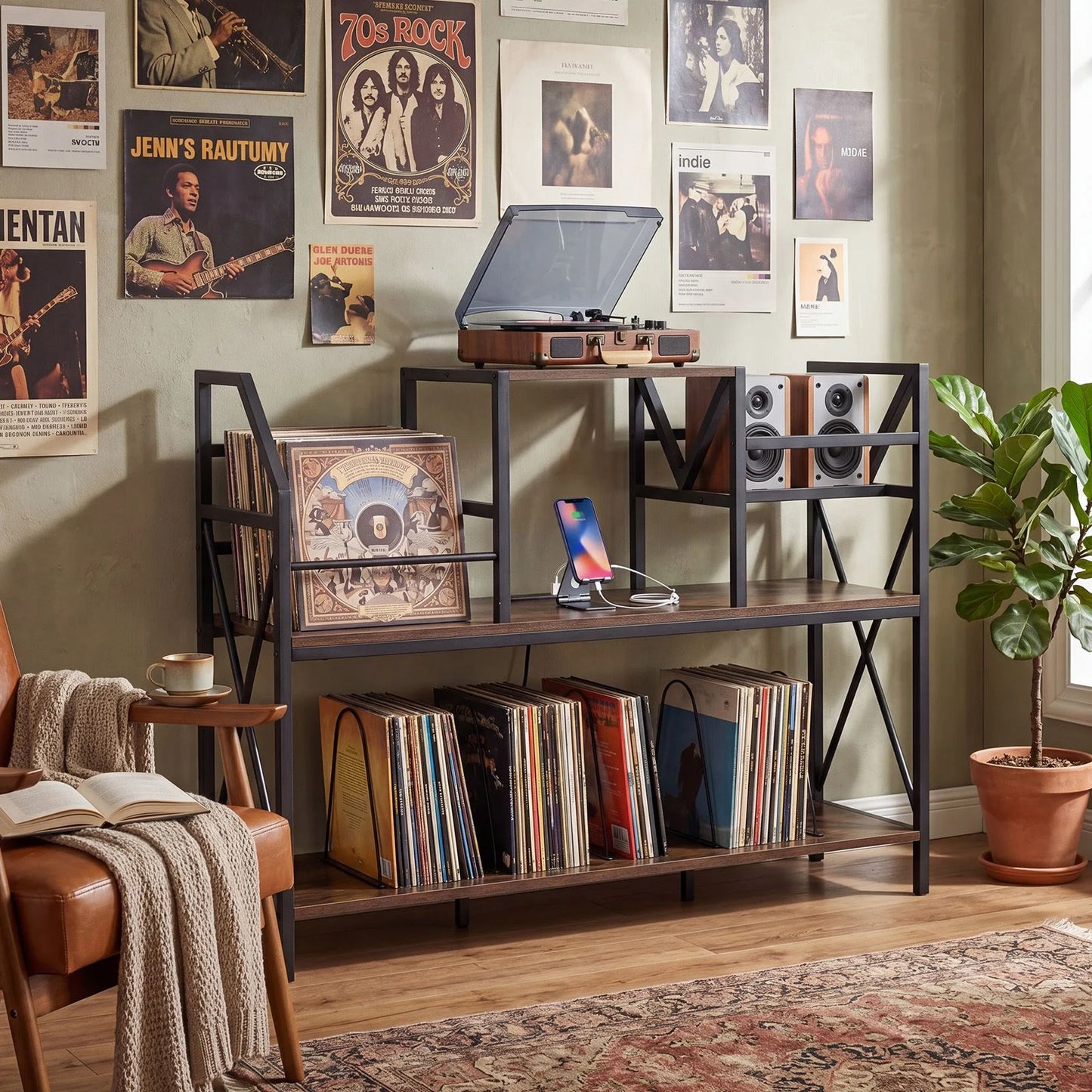 Record Player Stand with Vinyl Storage Power Outlets and Dividers for Albums