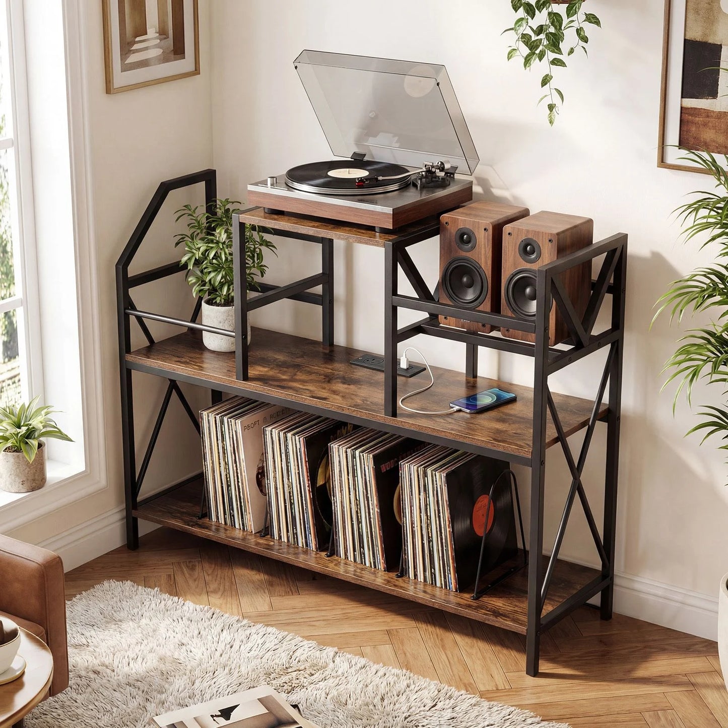 Record Player Stand with Vinyl Storage Power Outlets and Dividers for Albums