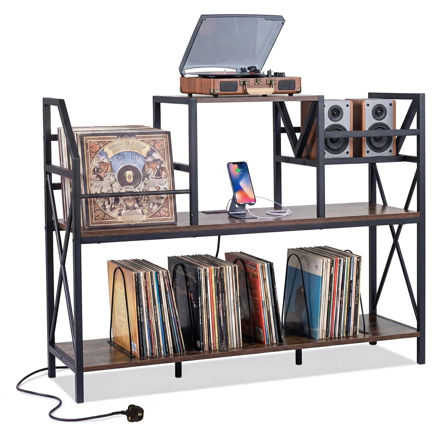 Record Player Stand with Vinyl Storage Power Outlets and Dividers for Albums