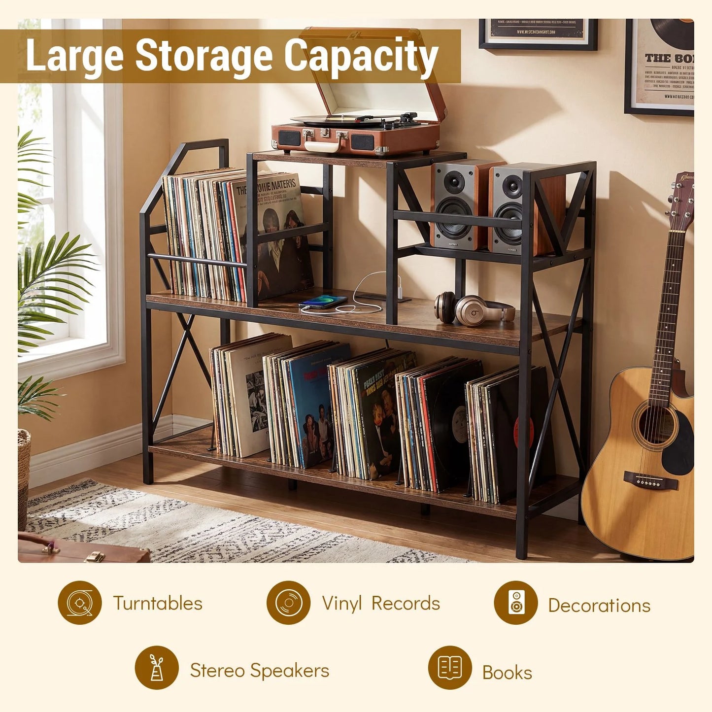 Record Player Stand with Vinyl Storage Power Outlets and Dividers for Albums