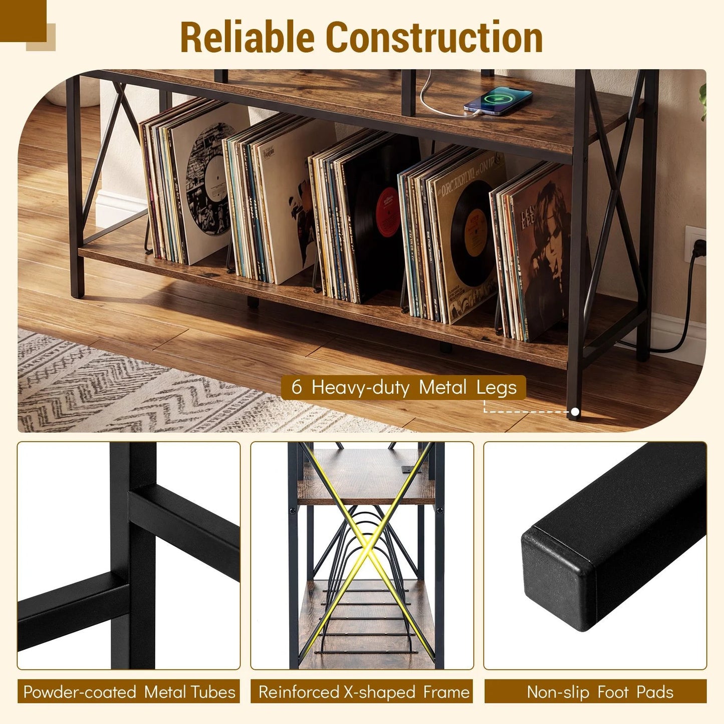 Record Player Stand with Vinyl Storage Power Outlets and Dividers for Albums