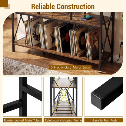 Record Player Stand with Vinyl Storage Power Outlets and Dividers for Albums