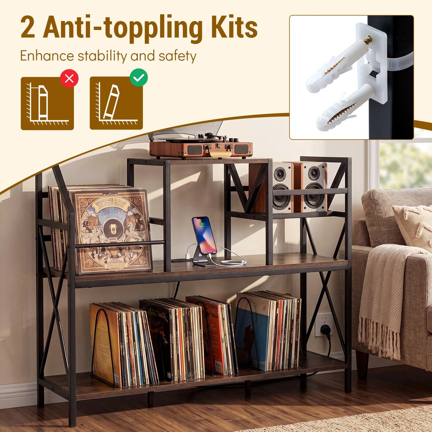 Record Player Stand with Vinyl Storage Power Outlets and Dividers for Albums