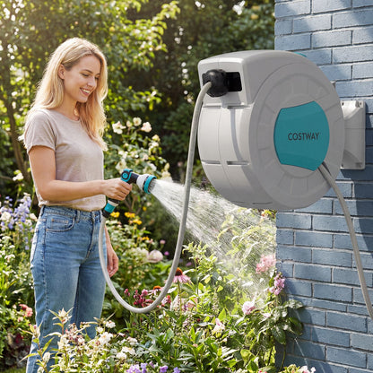 Retractable Hose Reel 20+2M, 10 in 1 Nozzle Wall Mounted Garden Hose with 180° Swivel Bracket