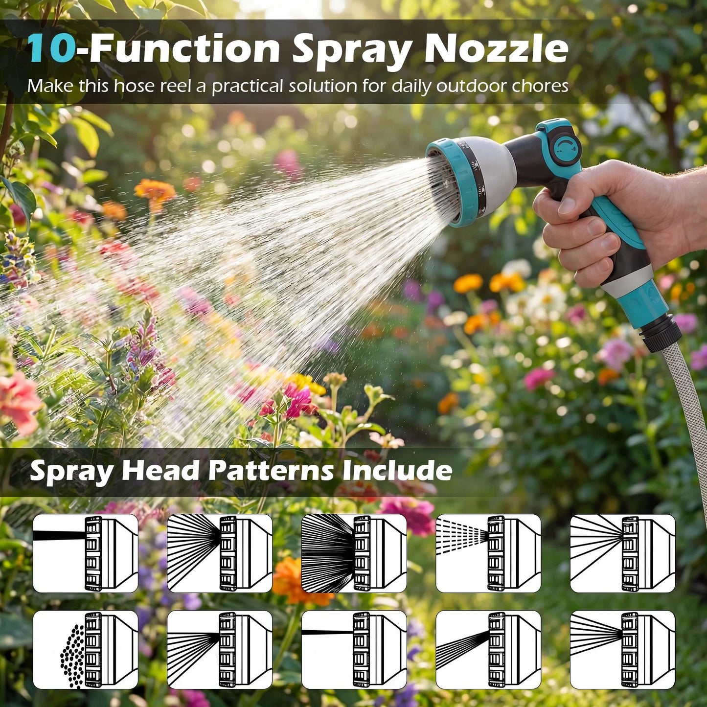 Retractable Hose Reel 20+2M, 10 in 1 Nozzle Wall Mounted Garden Hose with 180° Swivel Bracket